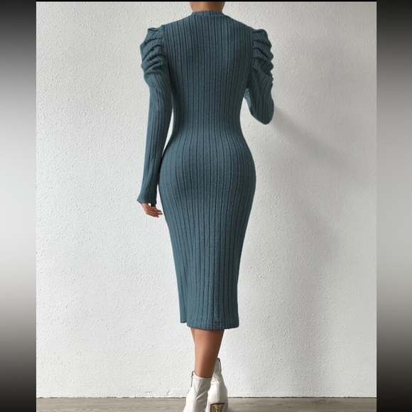 Elegant Mock Neck Puff Long Sleeve Ribbed Knit Bodycon Dress - Picture 2 of 16